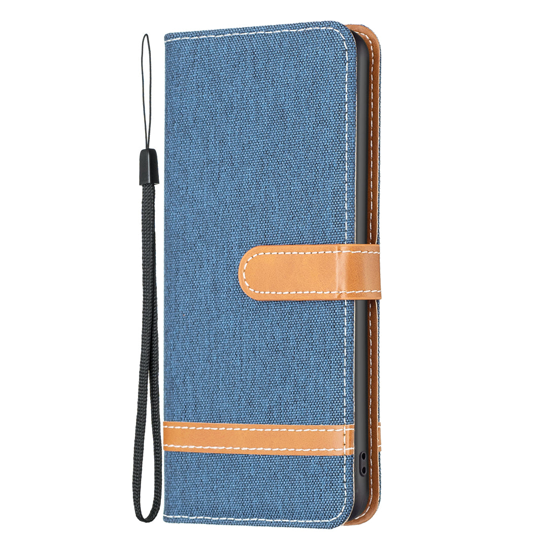 Uniqkart for iPhone 15 Jeans Cloth Splicing PU Leather + TPU Phone Case Wallet Stand Anti-scratch Cover - Navy Blue Uniqkart for iPhone 15 Jeans Cloth Splicing PU Leather + TPU Phone Case Wallet Stand Anti-scratch Cover - Navy Blue